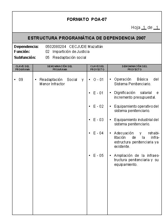 FORMATO POA-07 Hoja 1 de 1 ESTRUCTURA PROGRAMÁTICA DE DEPENDENCIA 2007 Dependencia: Función: 0502080204