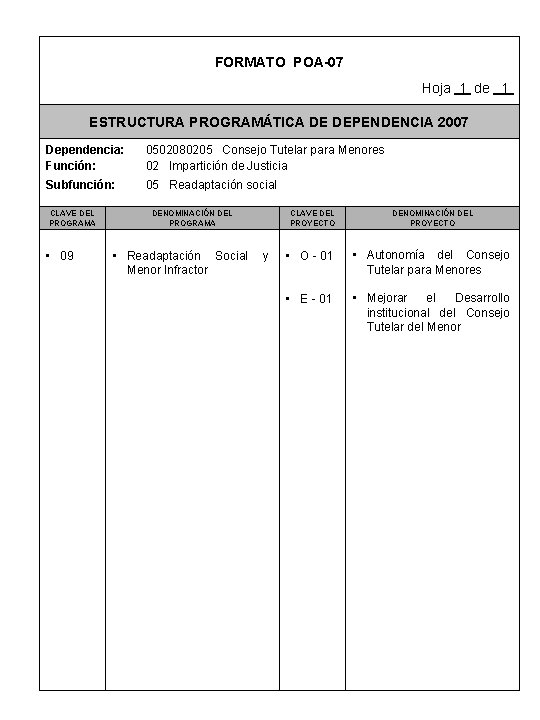 FORMATO POA-07 Hoja 1 de 1 ESTRUCTURA PROGRAMÁTICA DE DEPENDENCIA 2007 Dependencia: Función: 0502080205