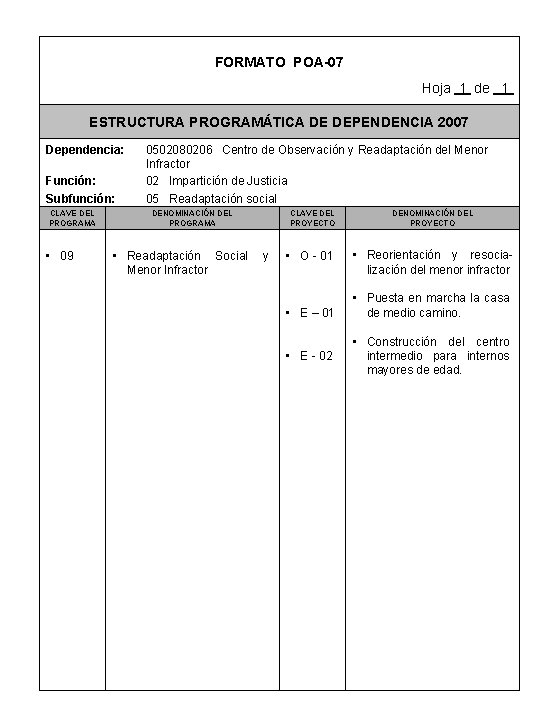 FORMATO POA-07 Hoja 1 de 1 ESTRUCTURA PROGRAMÁTICA DE DEPENDENCIA 2007 Dependencia: Función: 0502080206