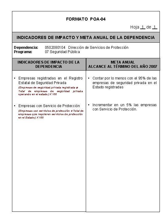 FORMATO POA-04 Hoja 1 de 1 INDICADORES DE IMPACTO Y META ANUAL DE LA