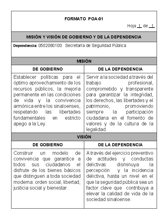 FORMATO POA-01 Hoja 1 de 1 MISIÓN Y VISIÓN DE GOBIERNO Y DE LA