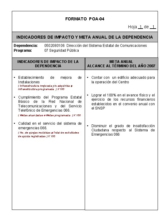 FORMATO POA-04 Hoja 1 de 1 INDICADORES DE IMPACTO Y META ANUAL DE LA