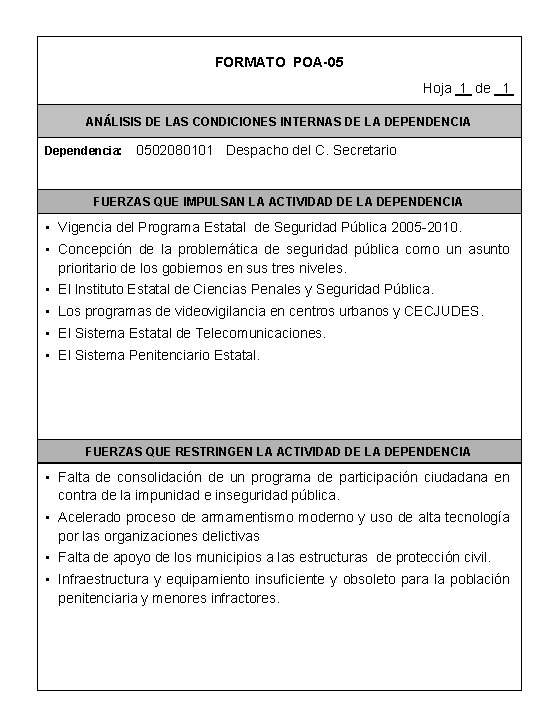 FORMATO POA-05 Hoja 1 de 1 ANÁLISIS DE LAS CONDICIONES INTERNAS DE LA DEPENDENCIA