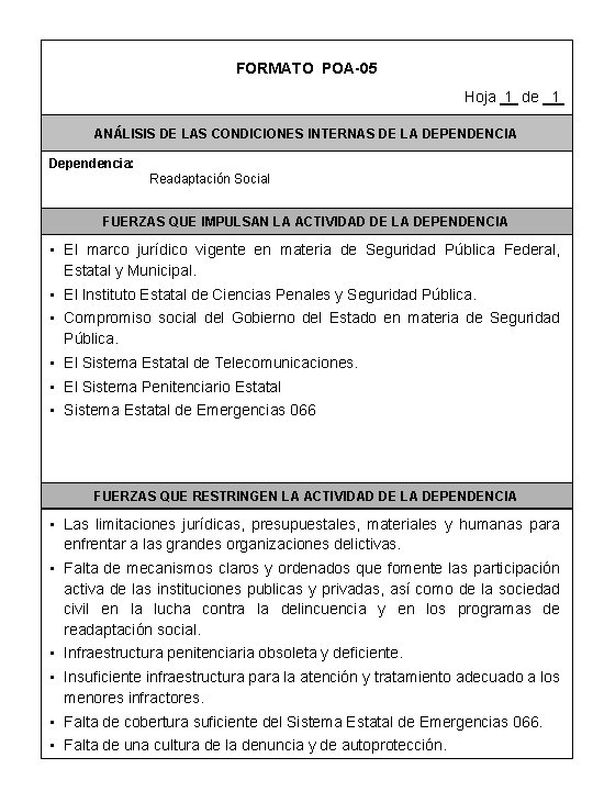 FORMATO POA-05 Hoja 1 de 1 ANÁLISIS DE LAS CONDICIONES INTERNAS DE LA DEPENDENCIA