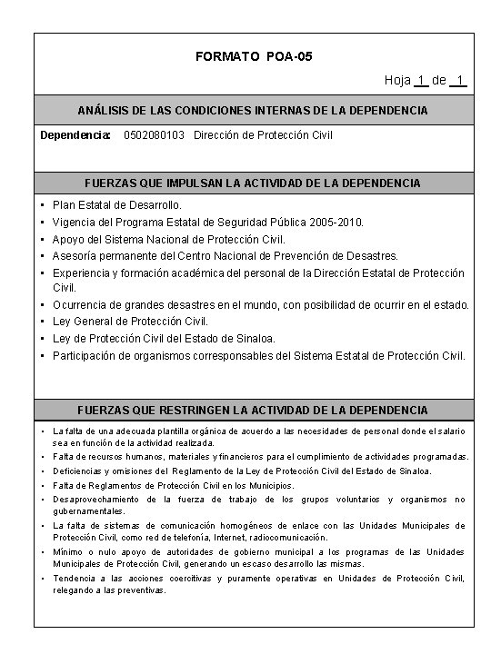 FORMATO POA-05 Hoja 1 de 1 ANÁLISIS DE LAS CONDICIONES INTERNAS DE LA DEPENDENCIA