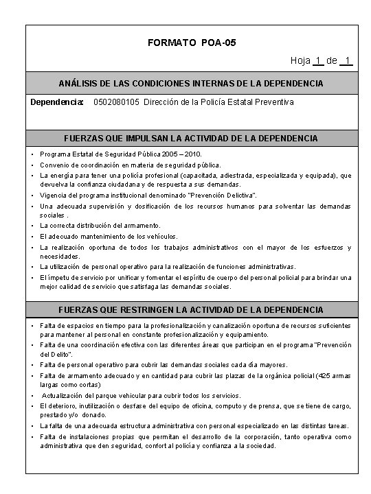 FORMATO POA-05 Hoja 1 de 1 ANÁLISIS DE LAS CONDICIONES INTERNAS DE LA DEPENDENCIA