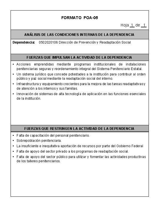 FORMATO POA-05 Hoja 1 de 1 ANÁLISIS DE LAS CONDICIONES INTERNAS DE LA DEPENDENCIA