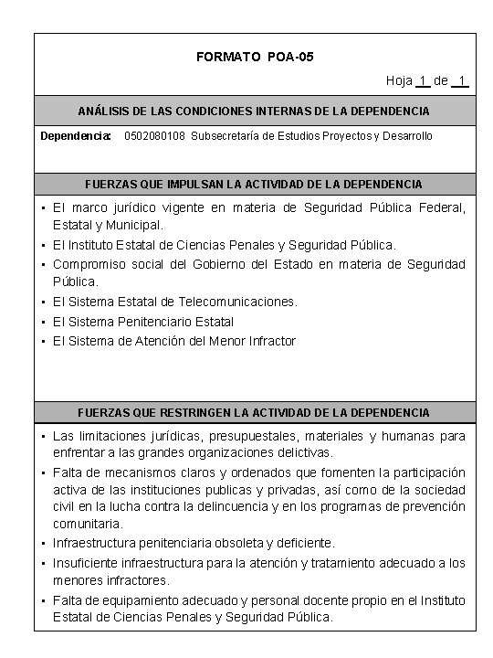 FORMATO POA-05 Hoja 1 de 1 ANÁLISIS DE LAS CONDICIONES INTERNAS DE LA DEPENDENCIA