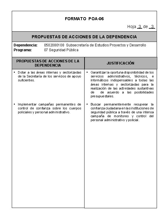 FORMATO POA-06 Hoja 3 de 3 PROPUESTAS DE ACCIONES DE LA DEPENDENCIA Dependencia: Programa: