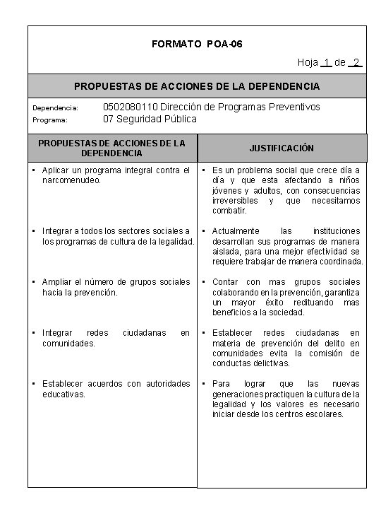 FORMATO POA-06 Hoja 1 de 2 PROPUESTAS DE ACCIONES DE LA DEPENDENCIA Dependencia: Programa: