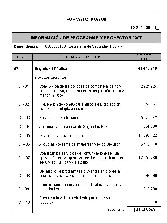 FORMATO POA-08 Hoja 1 de 4_ INFORMACIÓN DE PROGRAMAS Y PROYECTOS 2007 Dependencia: CLAVE