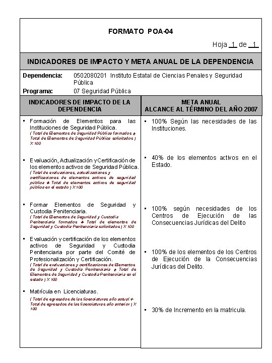 FORMATO POA-04 Hoja 1 de 1 INDICADORES DE IMPACTO Y META ANUAL DE LA