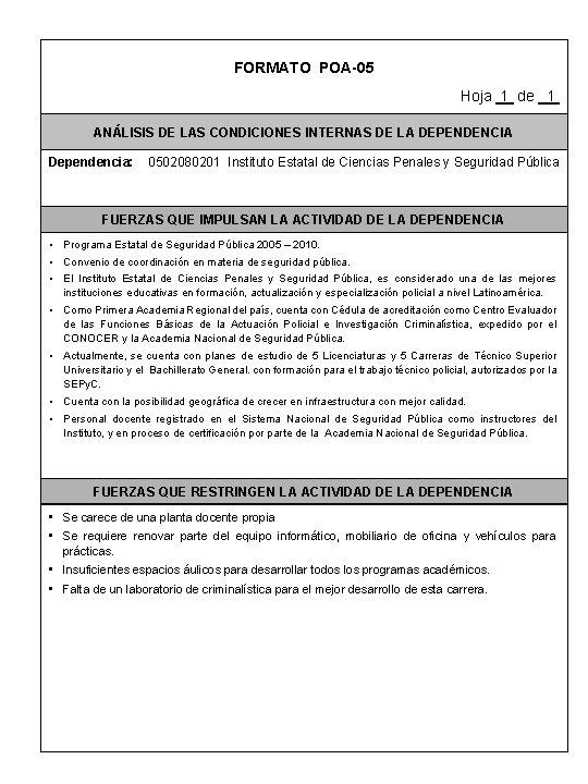 FORMATO POA-05 Hoja 1 de 1 ANÁLISIS DE LAS CONDICIONES INTERNAS DE LA DEPENDENCIA
