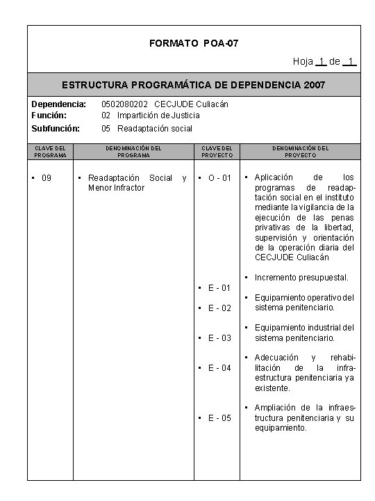 FORMATO POA-07 Hoja 1 de 1 ESTRUCTURA PROGRAMÁTICA DE DEPENDENCIA 2007 Dependencia: Función: 0502080202