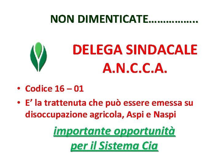 NON DIMENTICATE……………. . DELEGA SINDACALE A. N. C. C. A. • Codice 16 –