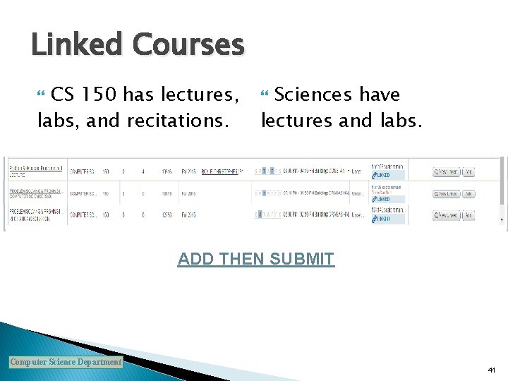 Linked Courses CS 150 has lectures, labs, and recitations. Sciences have lectures and labs.