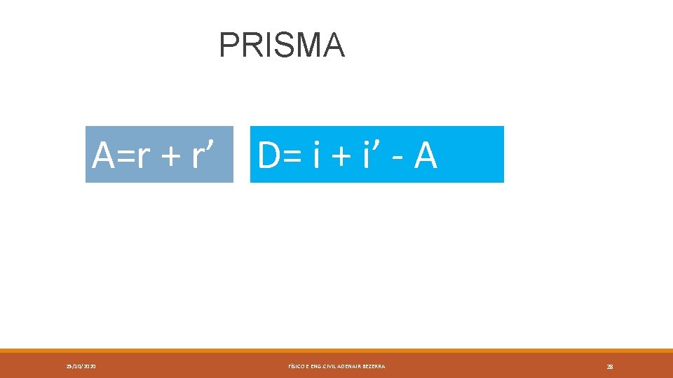 PRISMA A=r + r’ D= i + i’ - A 25/10/2020 FÍSICO E ENG.