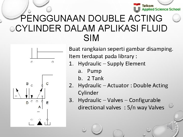 PENGGUNAAN DOUBLE ACTING CYLINDER DALAM APLIKASI FLUID SIM Buat rangkaian seperti gambar disamping. Item