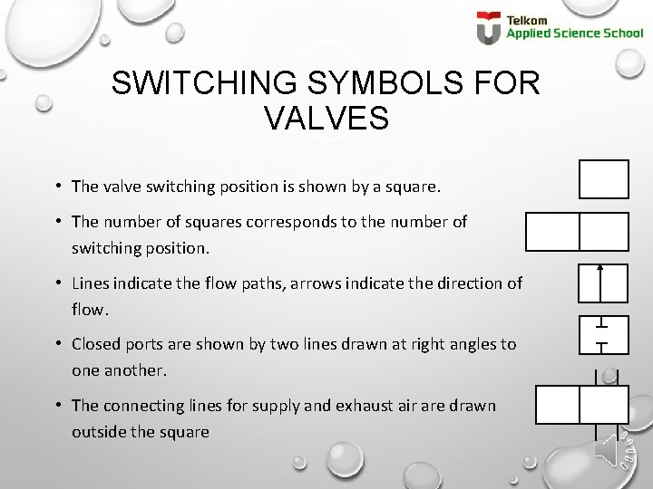 SWITCHING SYMBOLS FOR VALVES • The valve switching position is shown by a square.