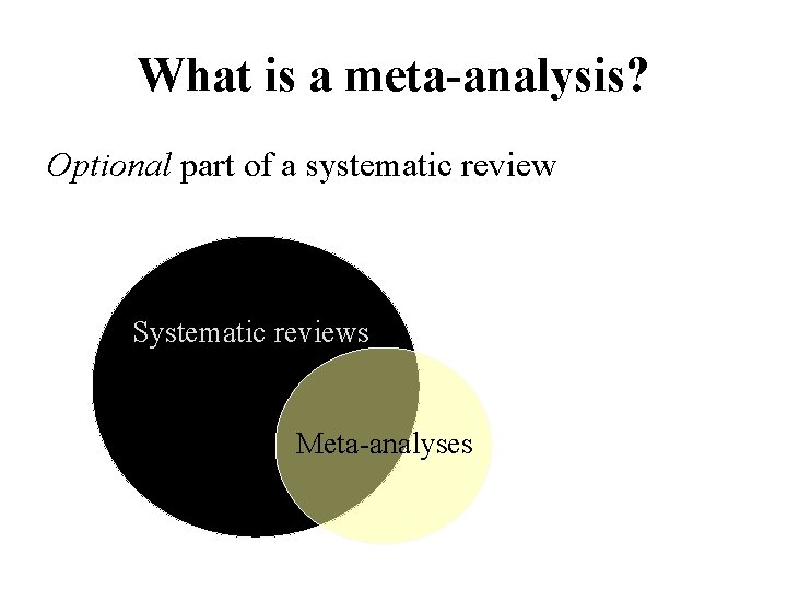 What is a meta-analysis? Optional part of a systematic review Systematic reviews Meta-analyses 