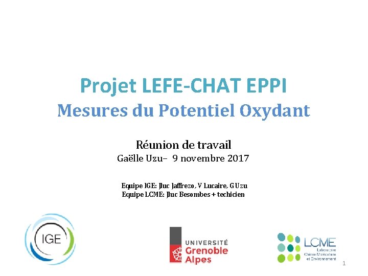 Projet LEFE-CHAT EPPI Mesures du Potentiel Oxydant Réunion de travail Gaëlle Uzu– 9 novembre