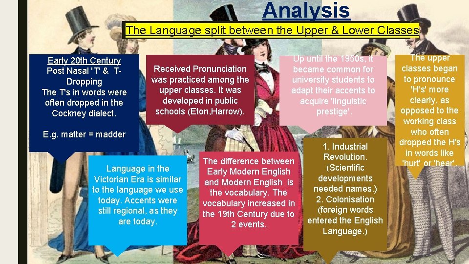 Analysis The Language split between the Upper & Lower Classes Early 20 th Century