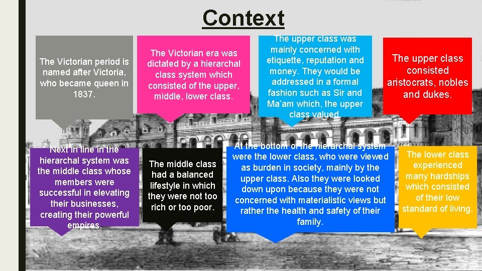 Context The Victorian period is named after Victoria, who became queen in 1837. Next