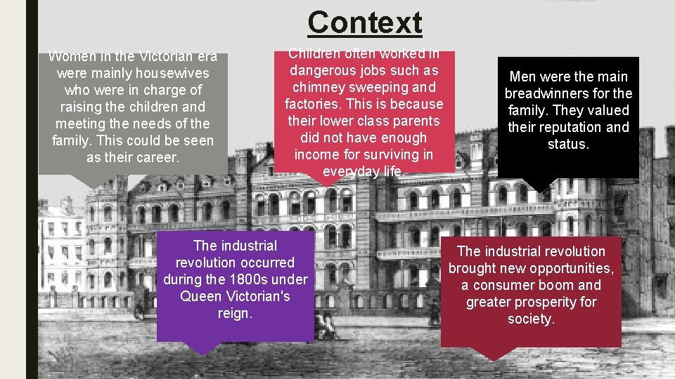 Context Women in the Victorian era were mainly housewives who were in charge of