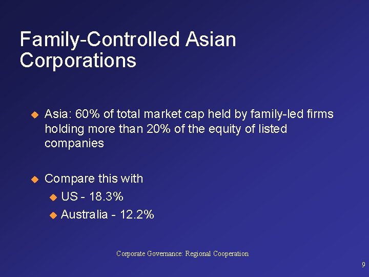 Family-Controlled Asian Corporations u Asia: 60% of total market cap held by family-led firms