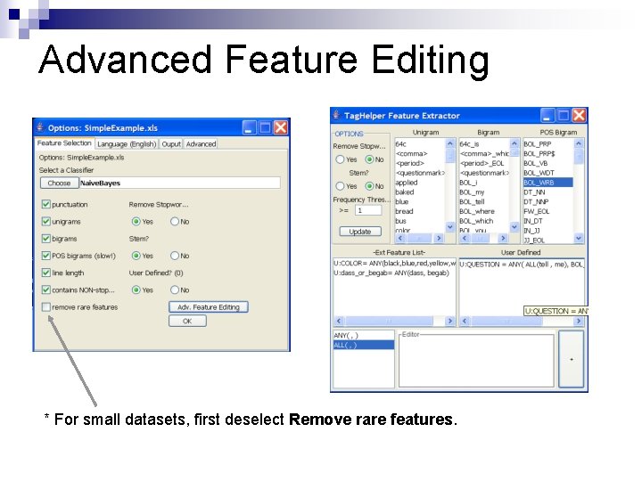 Advanced Feature Editing * For small datasets, first deselect Remove rare features. 