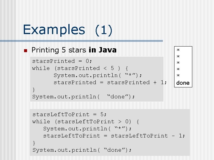 Examples (1) n Printing 5 stars in Java stars. Printed = 0; while (stars.