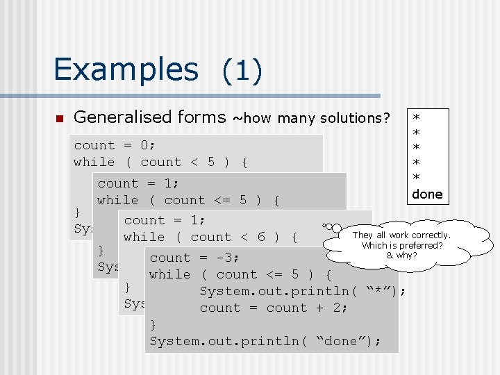 Examples (1) n Generalised forms ~how many solutions? * * * done count =