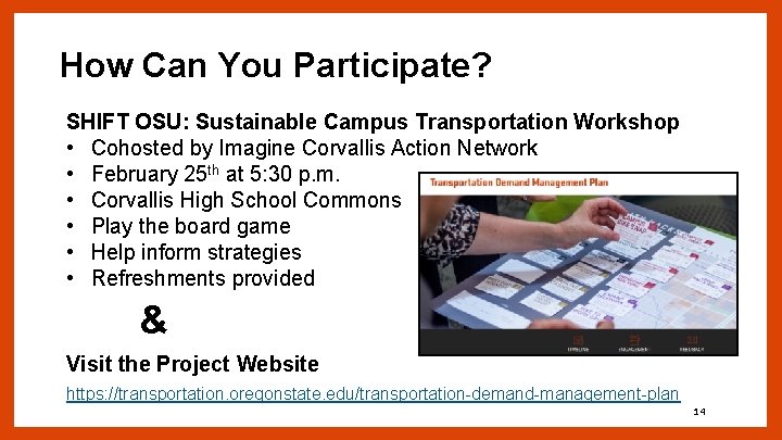 How Can You Participate? SHIFT OSU: Sustainable Campus Transportation Workshop • Cohosted by Imagine