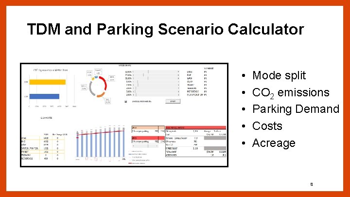 TDM and Parking Scenario Calculator • • • Mode split CO 2 emissions Parking
