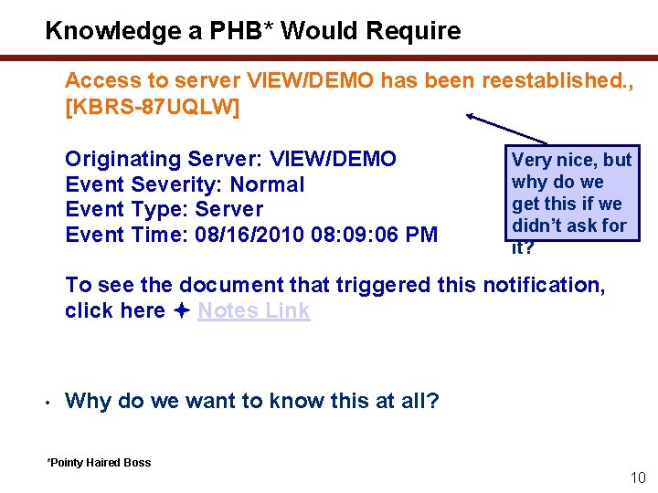 Knowledge a PHB* Would Require Access to server VIEW/DEMO has been reestablished. , [KBRS-87