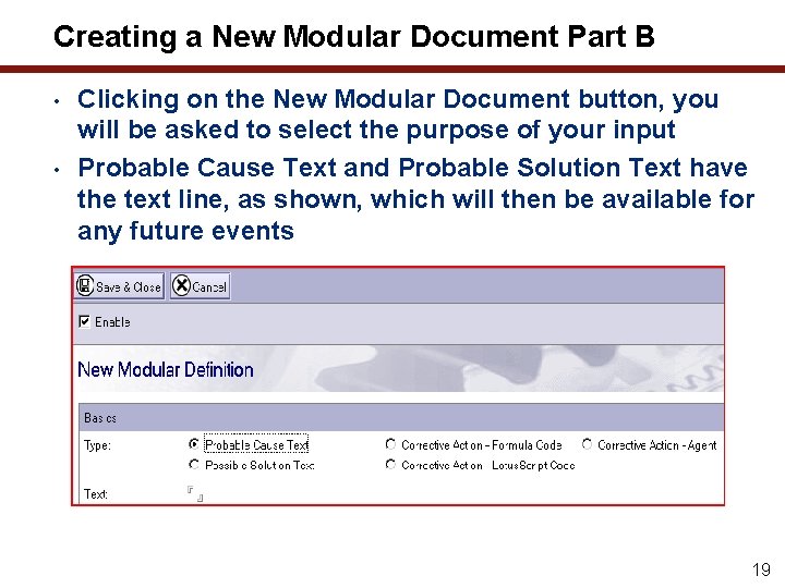 Creating a New Modular Document Part B • • Clicking on the New Modular