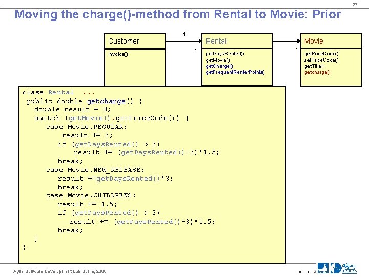 27 Moving the charge()-method from Rental to Movie: Prior 1 Customer invoice() Rental *