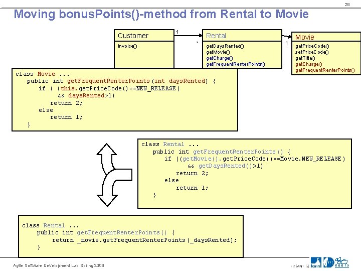 29 Moving bonus. Points()-method from Rental to Movie Customer invoice() 1 Rental * *