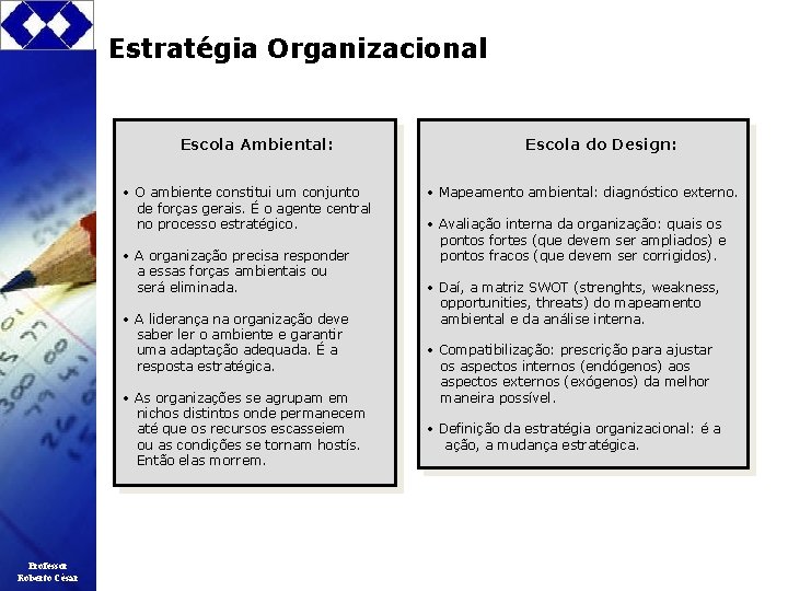 Estratégia Organizacional Escola Ambiental: • O ambiente constitui um conjunto de forças gerais. É