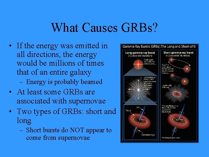 What Causes GRBs? • If the energy was emitted in all directions, the energy