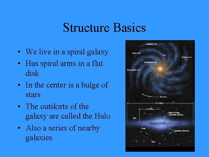 Structure Basics • We live in a spiral galaxy • Has spiral arms in