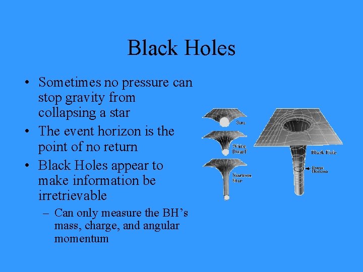 Black Holes • Sometimes no pressure can stop gravity from collapsing a star •