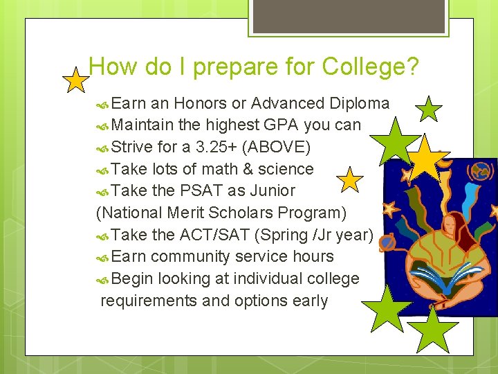 How do I prepare for College? Earn an Honors or Advanced Diploma Maintain the