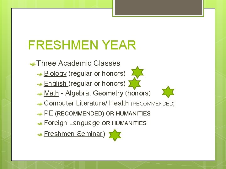 FRESHMEN YEAR Three Academic Classes Biology (regular or honors) English (regular or honors) Math