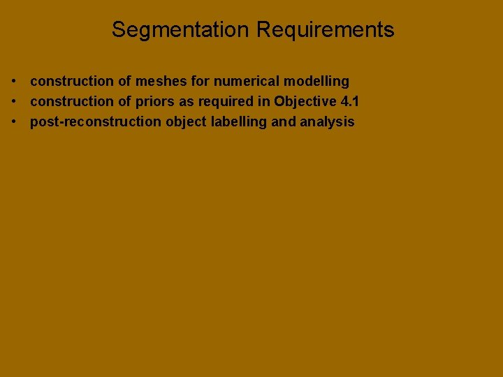 Segmentation Requirements • construction of meshes for numerical modelling • construction of priors as Segmentation Requirements • construction of meshes for numerical modelling • construction of priors as