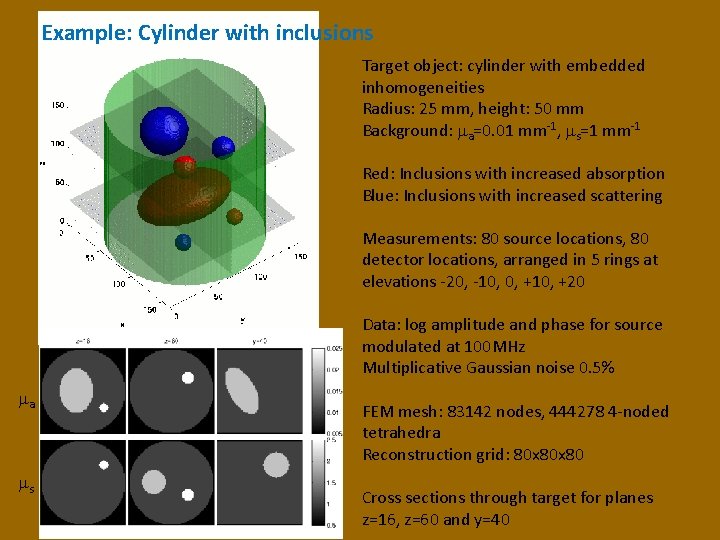 Example: Cylinder with inclusions Target object: cylinder with embedded inhomogeneities Radius: 25 mm, height: