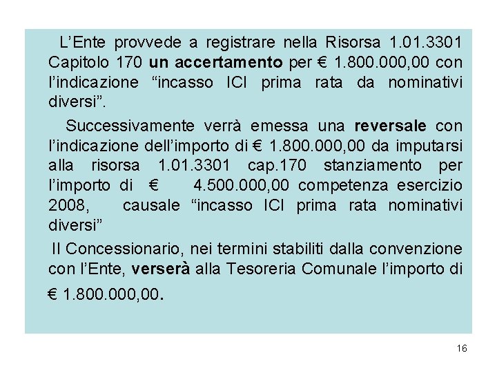L’Ente provvede a registrare nella Risorsa 1. 01. 3301 Capitolo 170 un accertamento per L’Ente provvede a registrare nella Risorsa 1. 01. 3301 Capitolo 170 un accertamento per