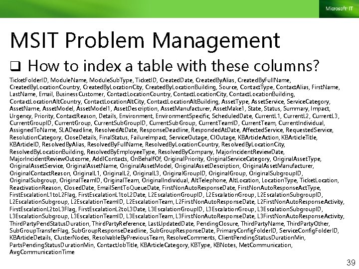 MSIT Problem Management q How to index a table with these columns? Ticket. Folder.