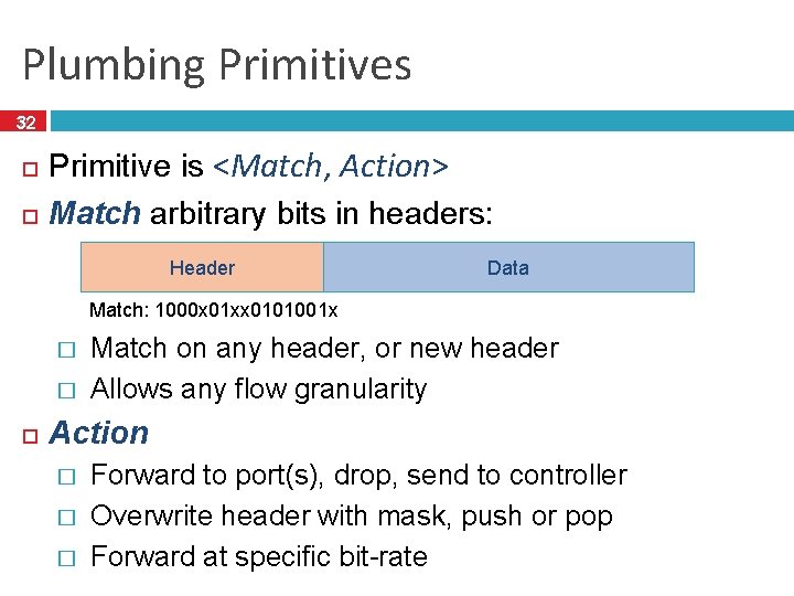 Plumbing Primitives 32 32 Primitive is <Match, Action> Match arbitrary bits in headers: Header