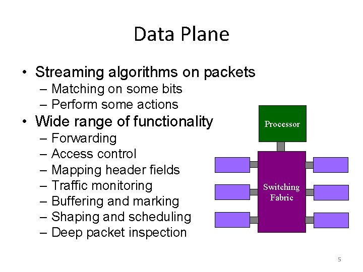 Data Plane • Streaming algorithms on packets – Matching on some bits – Perform